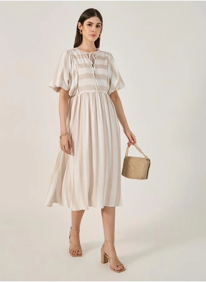 Styli Striped Balloon Sleeves A-Line Midi Dress