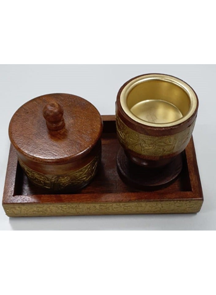 A natural and elegant wooden incense burner set decorated with copper touches, consisting of (3 pieces), including an incense box. - Image 1