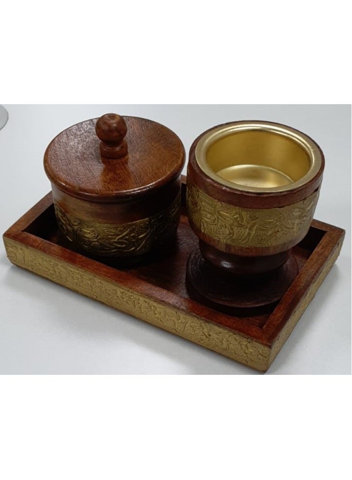 A natural and elegant wooden incense burner set decorated with copper touches, consisting of (3 pieces), including an incense box. - Image 2