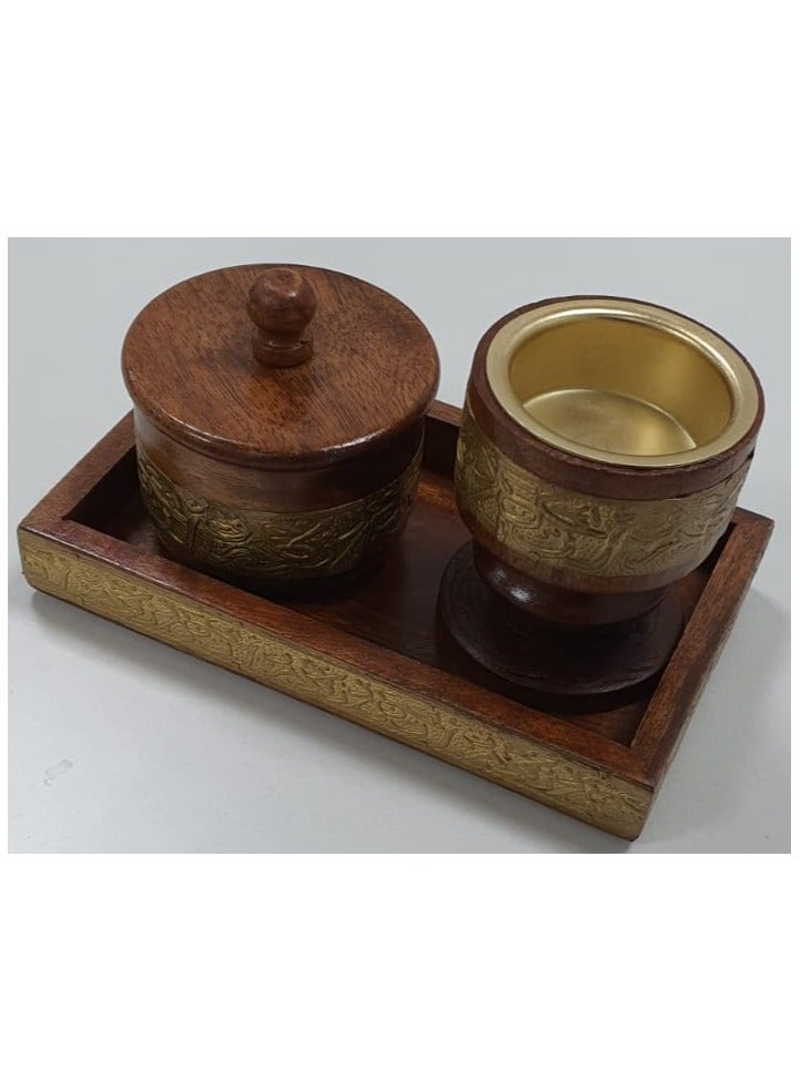 A natural and elegant wooden incense burner set decorated with copper touches, consisting of (3 pieces), including an incense box. - Image 3