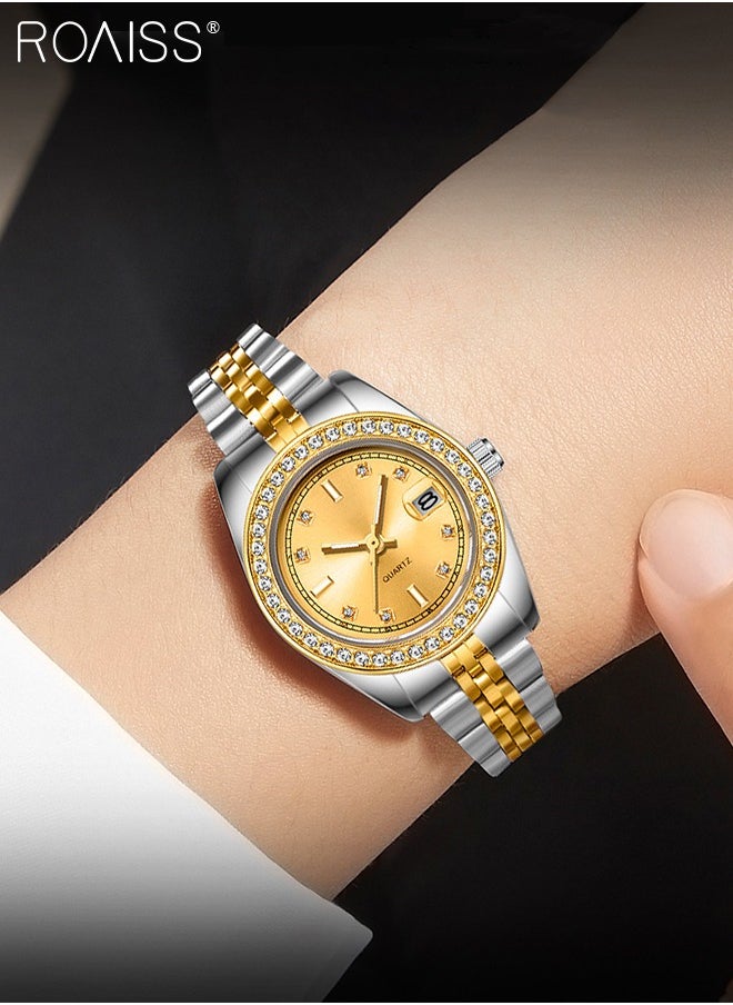 Stainless Steel Strap Couple Quartz Watch Set, Analog Display Round Dial with Rhinestones-Set Bezel, Luxurious Luminous Waterproof Calendar Watch Gift for Men Women