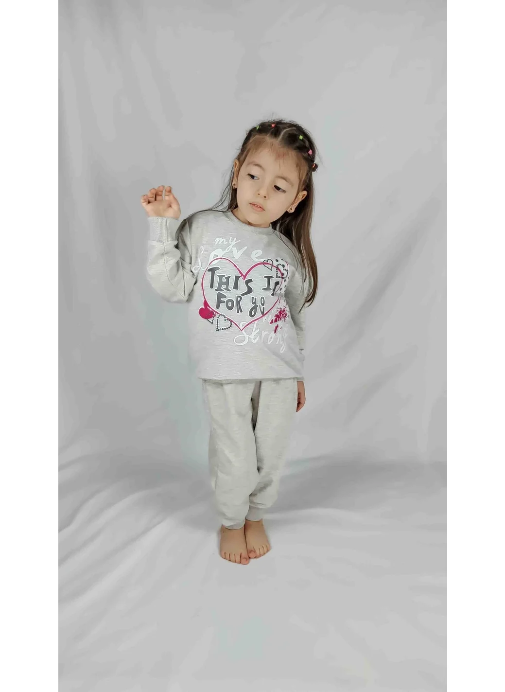 بلونس Girl's Gray Printed Cotton Tracksuit Set