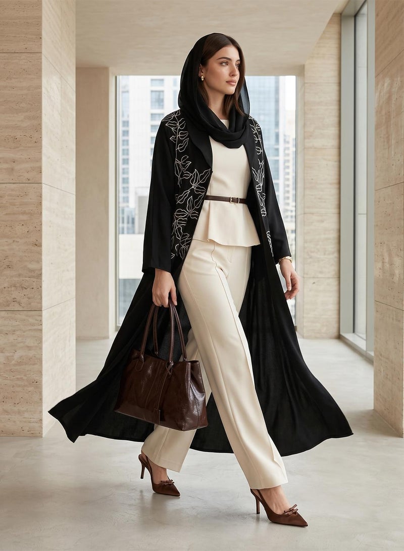 hayas closet Embroidered And Embellished Open Front Wide Lapel Collar Abaya - Image 1