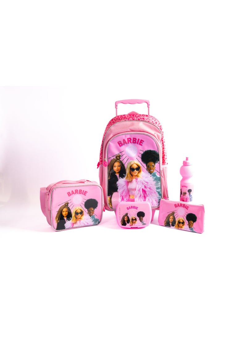 Barbie 18" Trolley Bag Set with Lunch Bag, Pencil Case, Water Bottle & Lunch Box – Pink - Image 1