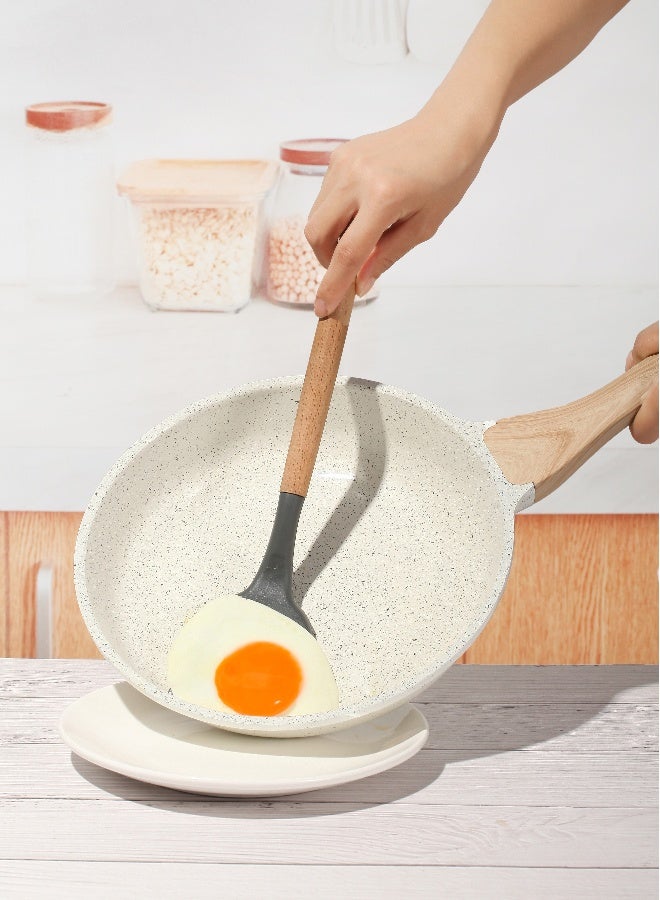 ESLITE LIFE مقلاة 20 سم من الألمنيوم | طلاء سيراميكي غير لاصق | مقبض خشبي بتصميم ناعم ، أبيض - Image 5