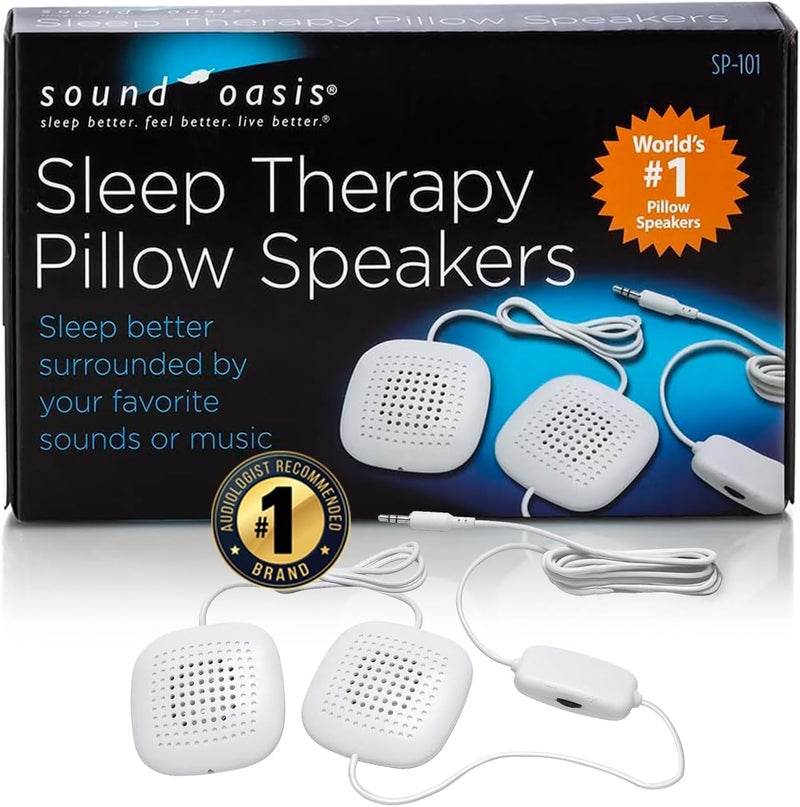 Sound Oasis مكبرات صوت وسادة ساوند أواسيز، 2 مكبر صوت ستيريو فائق النحافة، تحكم في مستوى الصوت، صوت محيطي للموسيقى، النوم، إخفاء الطنين، الاتصال بمصدر صوت خارجي مع قابس سماعة رأس 1/8" 3.5 مم، أبيض