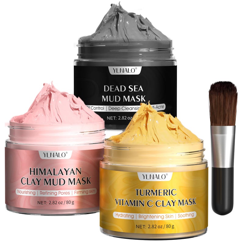 3 Pcs Clay Facial Mask Set  Turmeric Vitamin C Dead Sea and Himalayan Clay Skin Care Mask for Deep Cleansing Moisturizing and Refining Pores Spa Facial Mask Set Face Mask Gift Set 282 oz each