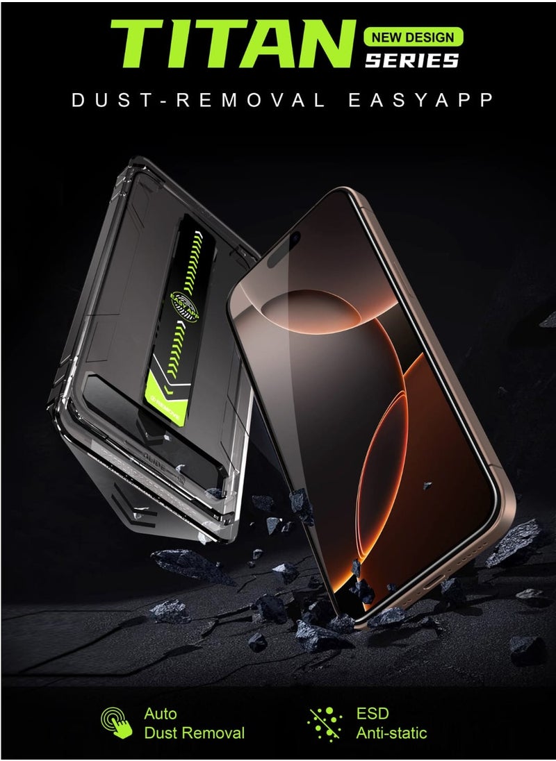زيجفريند - 2 حماية شاشة شفاف، iPhone 16 Pro Max سهل التركيب جودة عالية، صلابة 9H، درجة أولى A++ احمِ شاشة هاتفك واقي بأعلى معايير الجودة مع لزقة زجاجية شفافة، بتصميم مخصص وتركيب فائق الدقة والسهولة، باستخدام إطار محاذاة ذكي يضمن لك تثبيتًا دقيقًا وخاليًا من الفقاعات بلمسة واحدة. مصنوعة من زجاج أساهي الياباني المقوّى، المجتاز لأعلى اختبار للصلابة بدرجة 9H، والحاصل على أعلى تصنيف للجودة A++، لتوفير حماية طويلة الأمد ووضوح عالٍ دون التأثير على استجابة اللمس. يدعم حساسية اللمس الكاملة، ومضاد لبصمات الأصابع، ويوفر شفافية فائقة ولمسًا طبيعيًا. مزود بإطار أسود أنيق. - Image 1
