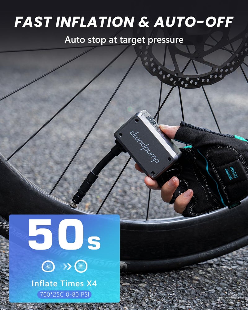 dwndpump Bike Pump Electric DP5 PRO, 120 PSI Portable Bike Tire Pump with Gauge, Mini Bicycle Air Pump, Auto Shut Off, with Presta and Schrader Valves, for Road Bike, Mountain Bike, Sports Balls - Image 2