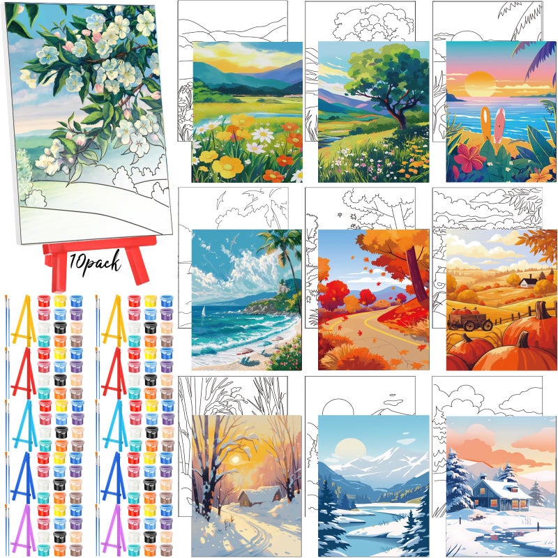 مجموعة Blossound المكونة من 10 لوحات قماشية مطبوعة مسبقًا مع حامل، مقاس 5 × 7 بوصات، لوحات رسم خارجية للمبتدئين، مشروع حرفي يدوي، هدية للحفلات، ديكورات منزلية (الفصول الأربعة) - Image 1