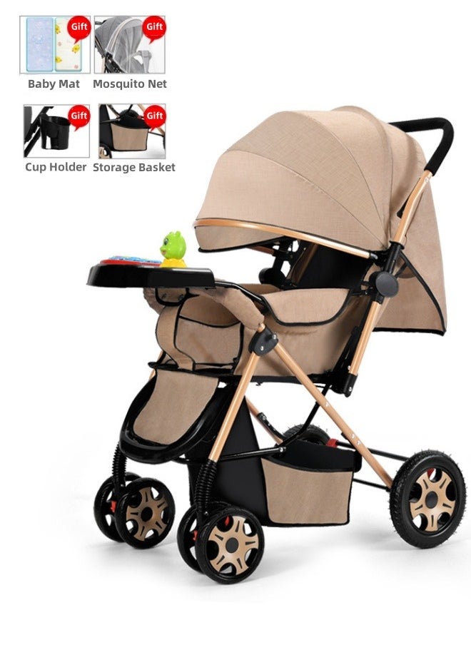 KYD Luxury Baby Travel Stroller with Compact Fold MultiPosition Recline Canopy Baby Stroller, Large Size Breathable Travel Stroller One Foot Double Brake,Interchangeable Tray Armrests Beige  - Image 1