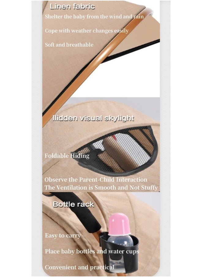 KYD Luxury Baby Travel Stroller with Compact Fold MultiPosition Recline Canopy Baby Stroller, Large Size Breathable Travel Stroller One Foot Double Brake,Interchangeable Tray Armrests Beige  - Image 4