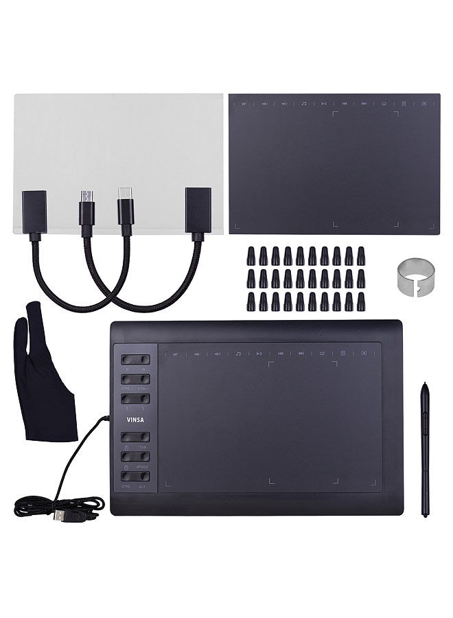 10x6 Inch Professional Graphics Drawing Tablet 12 Express Keys with 8192 Levels Battery-Free Stylus/30pcs Nibs/Pen Clip/2pcs OTG Cable/Copy Film/Hand Feeling Film/Glove Support PC/Laptop Connection  - Image 1