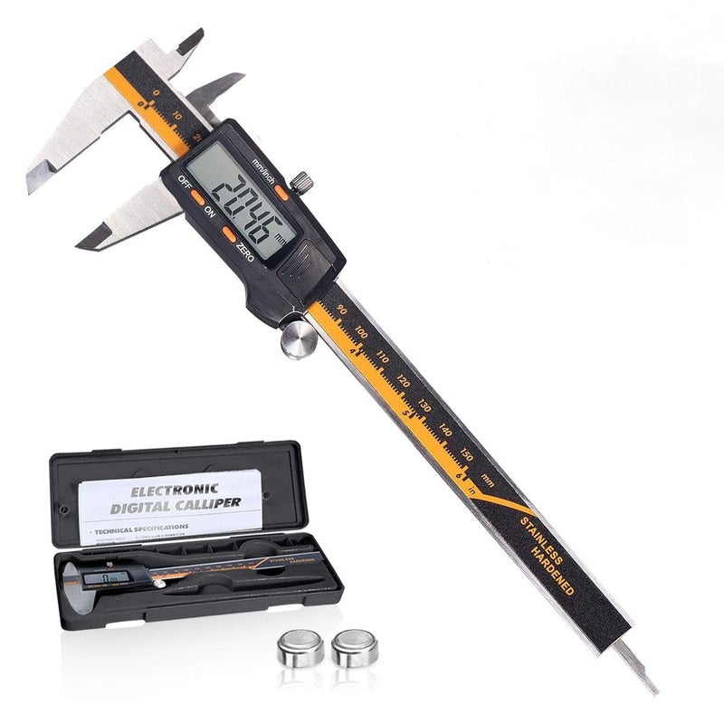 Cestbella Digital Vernier Caliper 0-6"/0-150mm Caliper Measuring Tool with LCD Screen Inch MM Fraction Conversion Stainless Steel Auto-Off Electronic Micrometer Caliper for Inside Outside Depth Step Measurement - Image 1