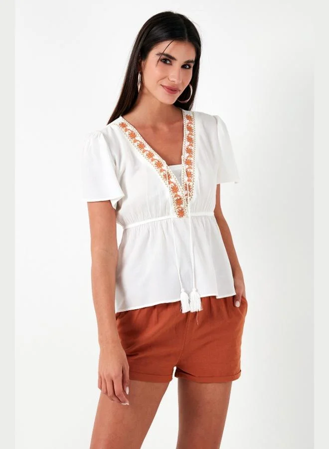 Lela Lela Cotton Regular Fit Embroidered Tassel Blouse Women's Blouse 611BZ0282