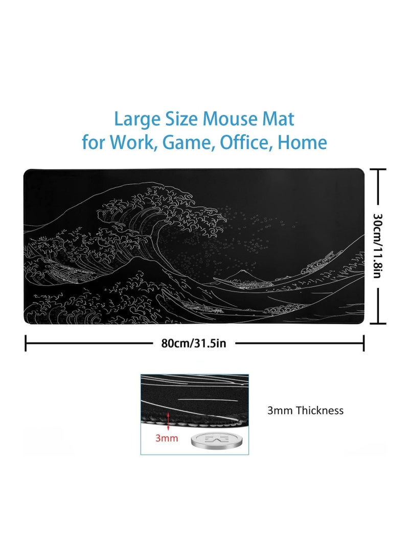 DUNISO Gaming Mouse Pads With Large Size 80X30cm, Japanese Sea Wave, Mouse Mat For Computer, Office, Non Slip Rubber Base, Waterpfoof, Easy To Clean(Black)  - Image 3