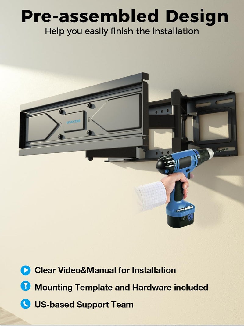 USX STAR UL Listed Full Motion TV Wall Mount for Most 32-70 inch TVs, Wall Mount TV Bracket for 40 50 55 65 inch tv with Smooth Swivel, Tilt, Extension, Level-Has Hardware & Drill Template - Image 5