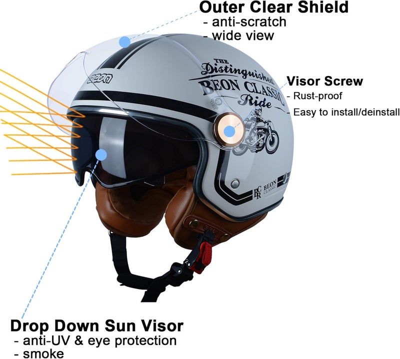 BEON 3/4 Open Face Motorcycle Helmet for Adults - Retro Vintage Design with Anti-Scratch Visor - Image 3