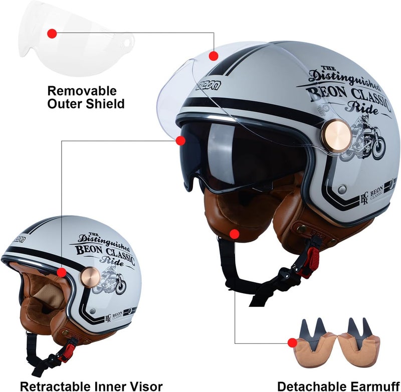 BEON 3/4 Open Face Motorcycle Helmet for Adults - Retro Vintage Design with Anti-Scratch Visor - Image 5