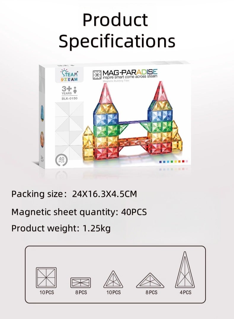 🔷 Diamond Magnetic Tiles – 40PCS Large Size Magnetic Blocks Set for Kids 3+, Transparent STEM Educational Construction Toy with Strong Magnets, 3D Shapes Building Set, Creative Puzzle Gift 🌈 - Image 4