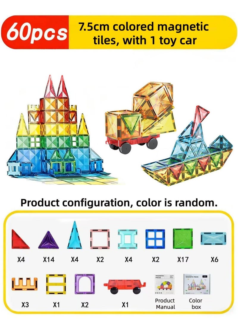 🔷 Diamond Magnetic Tiles – 60PCS Large Size Magnetic Blocks Set for Kids 3+, Transparent STEM Educational Construction Toy with Strong Magnets, 3D Shapes Building Set, Creative Puzzle Gift 🌈 - Image 2