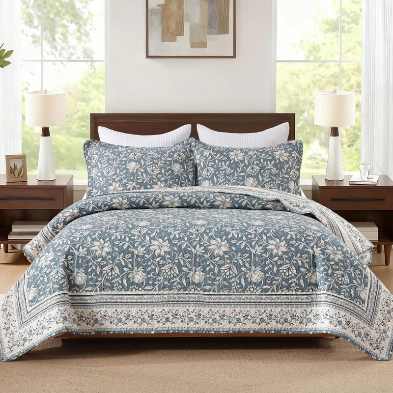 PANGUSHAN Quilt Set Queen Size - 100% Cotton Queen Comforter Set, Floral Vintage Bedspread with 2 Pillow Shams, Reversible Lightweight Bedding, Queen Bed Spread for All Season, Grayish-Blue/White - Image 2
