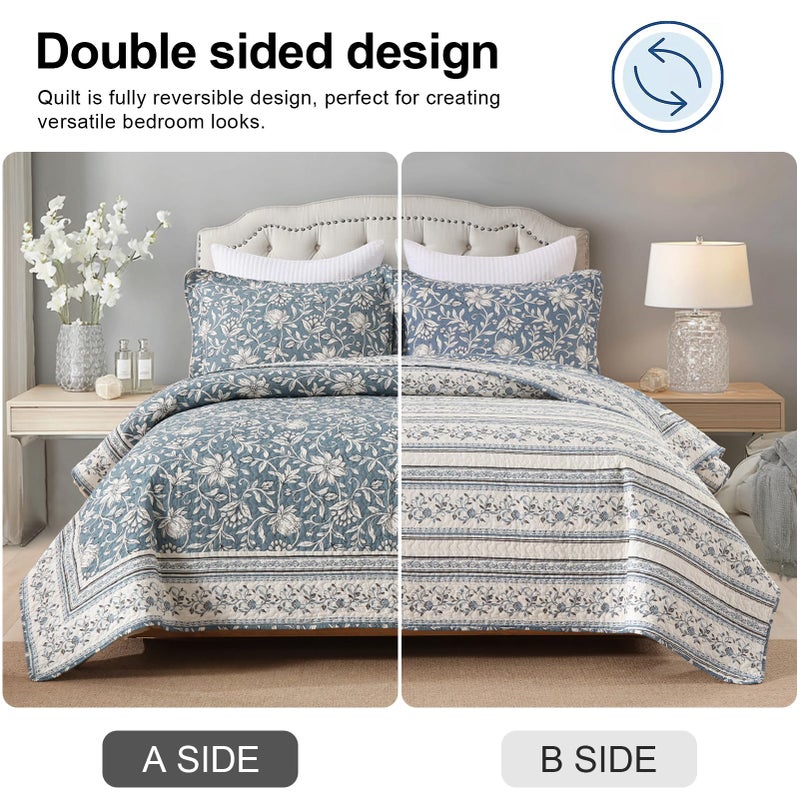 PANGUSHAN Quilt Set Queen Size - 100% Cotton Queen Comforter Set, Floral Vintage Bedspread with 2 Pillow Shams, Reversible Lightweight Bedding, Queen Bed Spread for All Season, Grayish-Blue/White - Image 5