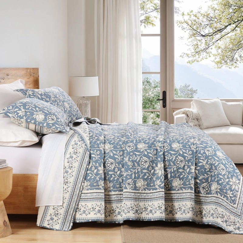 PANGUSHAN Quilt Set Queen Size - 100% Cotton Queen Comforter Set, Floral Vintage Bedspread with 2 Pillow Shams, Reversible Lightweight Bedding, Queen Bed Spread for All Season, Grayish-Blue/White - Image 4