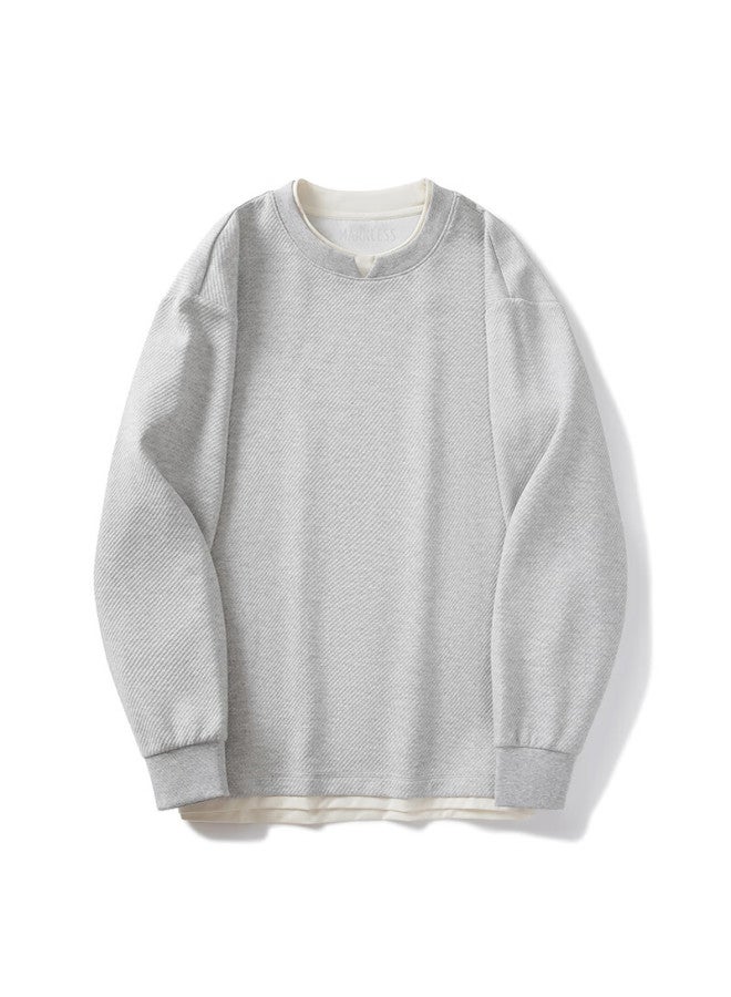 Markless Men's Autumn New Loose Fit Moon Gray Layered Long Sleeve Sweatshirt M 5406 - Image 3