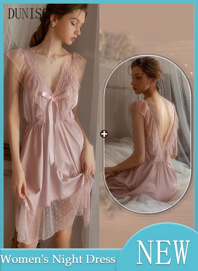 DUNISO Women's Sleeveless Nightgown Sweet Silk Night Dress Lace V neck Pajama Dress Sleepwear Girls Comfortable Nightwear Summer Home Wear Lounge Dress - Image 1