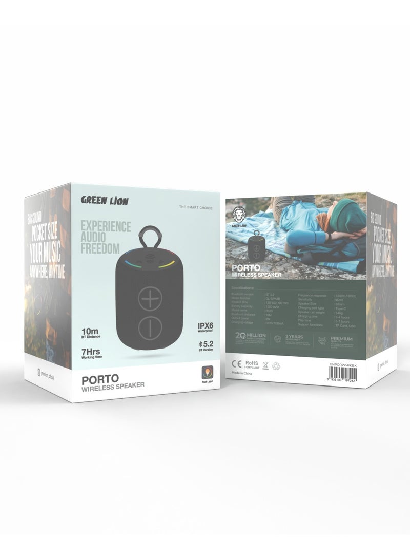 GREEN LION Porto Wireless Speaker / 1200mAh Battery Capacity / Extra Bass / IPX6 Water Resistant/ RGB Light / Type-C Charging Port / 10m Bluetooth Distance - Black - Image 3