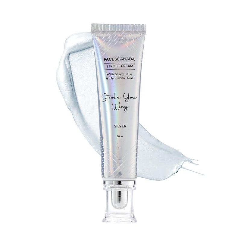 Facescanada كريم ستروب من فيس كندا فضي 30 مل برايمر هايلايتر مرطب زبدة الشيا حمض الهيالورونيك ترطيب مكثف بشرة خالية من العيوب متألقة رطبة قاعدة مكياج مضيئة متلألئة - Image 1