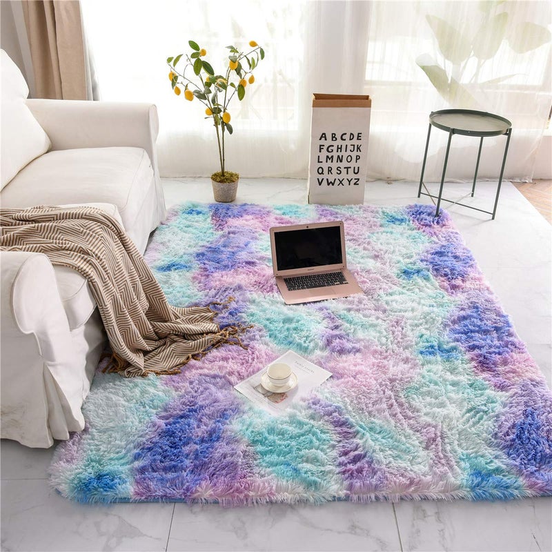 NTBED Soft Shaggy Area Rugs for Boys Girls Bedroom Nursery Dorm Living RoomTie Dye Fluffy Bedside Rugs Colorful Abstract Indoor Plush Shag Floor Carpets5x8 Feet Blue Purple