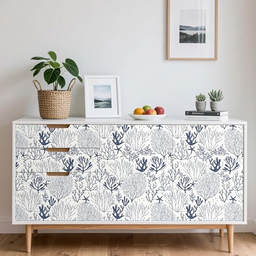 Livelynine Blue Farmhouse Wallpaper Peel and Stick Ocean Wallpaper Navy Blue and White Nautical Coastal Beach Vinyl Contact Paper Waterproof Self Adhesive Beachy Coral Starfish Removable 175x788 - Image 3