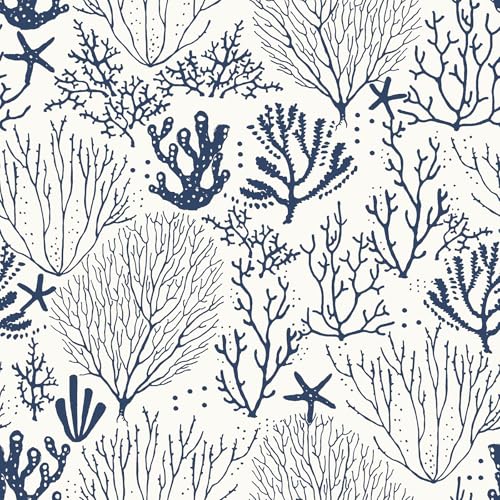 Livelynine Blue Farmhouse Wallpaper Peel and Stick Ocean Wallpaper Navy Blue and White Nautical Coastal Beach Vinyl Contact Paper Waterproof Self Adhesive Beachy Coral Starfish Removable 175x788 - Image 1