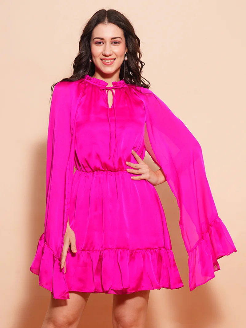globus Women Tie-Up Neck Cape Sleeve Crepe Fit & Flare Dress
