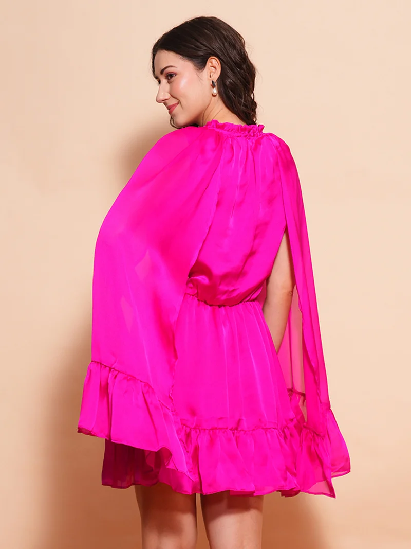globus Women Tie-Up Neck Cape Sleeve Crepe Fit & Flare Dress
