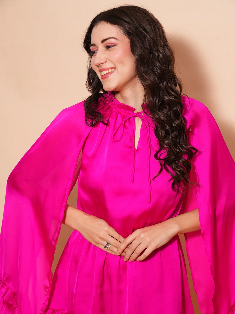 globus Women Tie-Up Neck Cape Sleeve Crepe Fit & Flare Dress