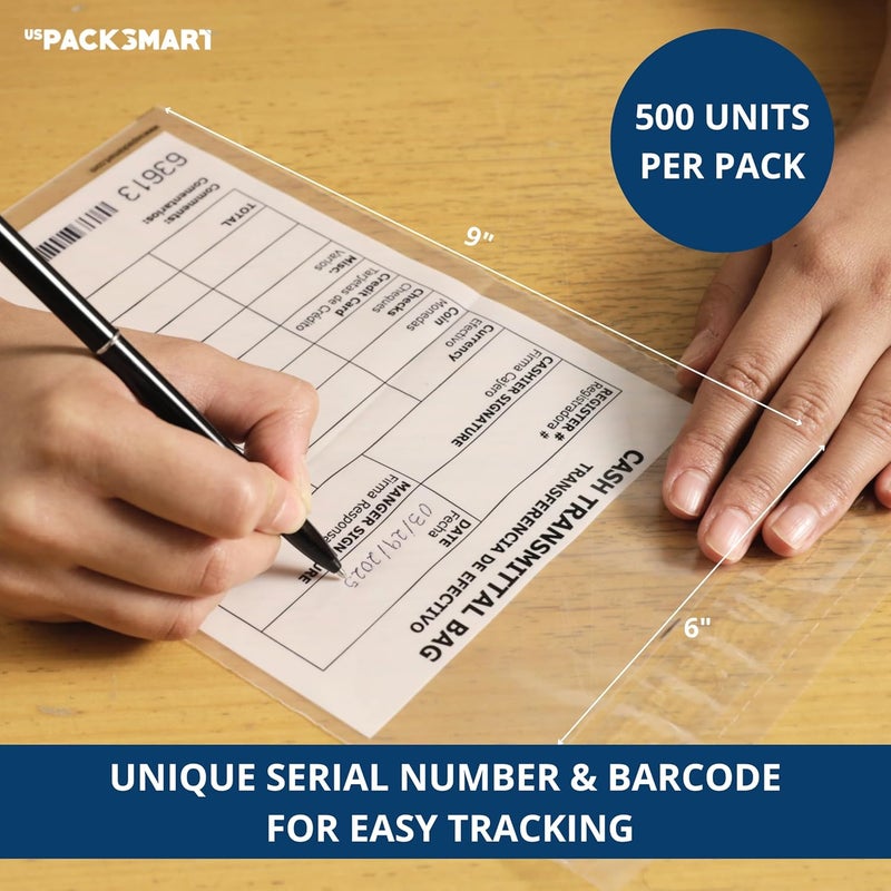 US PACK SMART Clear Bank Deposit Bags 6"x9" 500-pack | Secure Bank Cash Transmittal Envelopes for Cash, Coins, Credit Cards, Checks, and More | Numbered, Self-Sealing, and Permanent Adhesive - Image 3