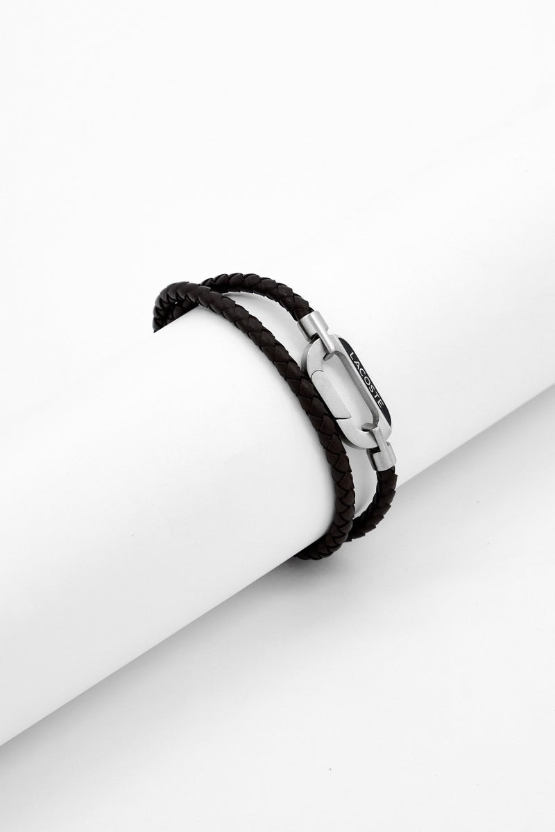 LACOSTE Men Starboard Leather Bracelet, Dark Brown - Image 1
