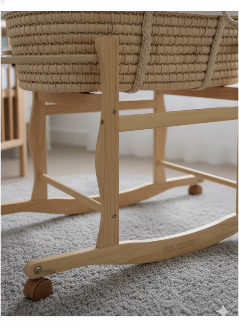 StarKids Moses Basket off-white Color with Wooden Stand on Wheels - Image 5