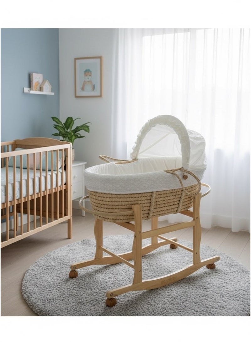 StarKids Moses Basket off-white Color with Wooden Stand on Wheels - Image 1