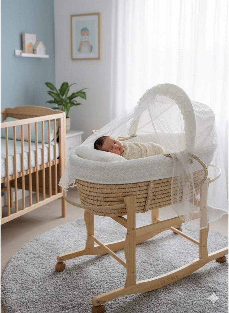StarKids Moses Basket off-white Color with Wooden Stand on Wheels - Image 3