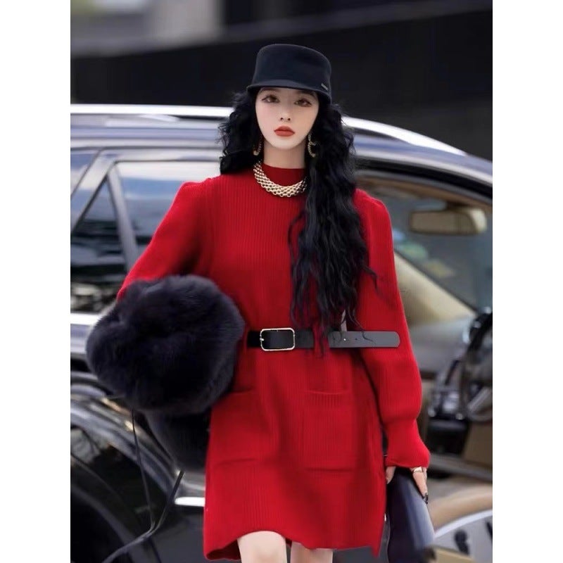 New Elegant Dress Set with Belt Khaki - Image 3