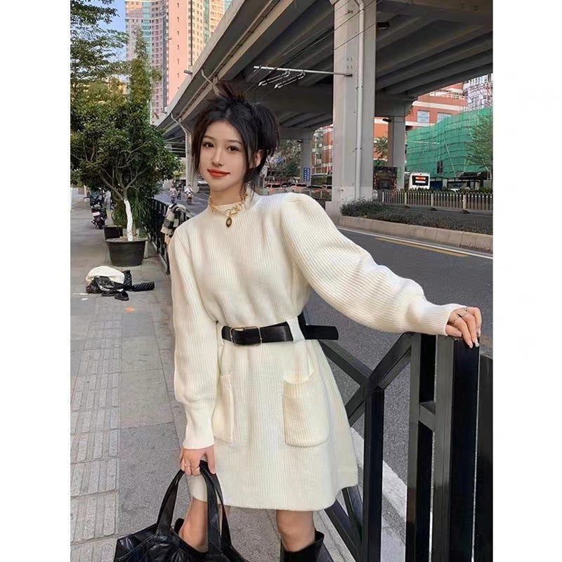 New Elegant Dress Set with Belt Khaki - Image 1