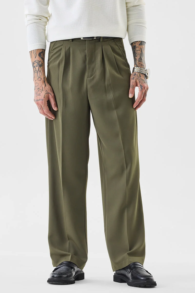 SNITCH Olive Solid Relaxed Casual Trousers