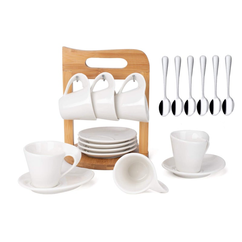 TRSPCWR Espresso Coffee Cup Set of 6 Ceramic Coffee Tea Cup Set 25oz with Holder and Saucer Service Turkish Coffee Cup for Home Office Tea Coffee White