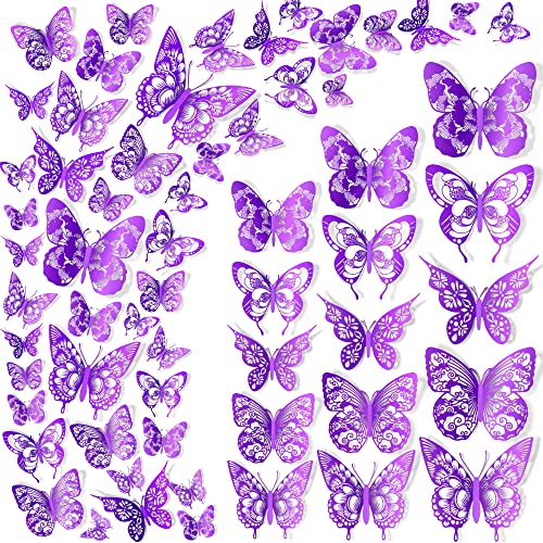 LiveGallery 60 Pieces New Vintage Pattern Hollow Butterflys Wall Decals 3D Purple Butterflies Wall Sticker DIY Removable 5 Styles 3 Sizes Metallic Art Decor for Kids Girls Bedroom Living Room Birthday Cake Office - Image 1