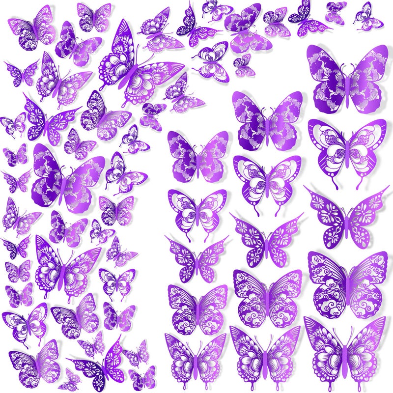 LiveGallery 60 Pieces New Vintage Pattern Hollow Butterflys Wall Decals 3D Purple Butterflies Wall Sticker DIY Removable 5 Styles 3 Sizes Metallic Art Decor for Kids Girls Bedroom Living Room Birthday Cake Office - Image 3