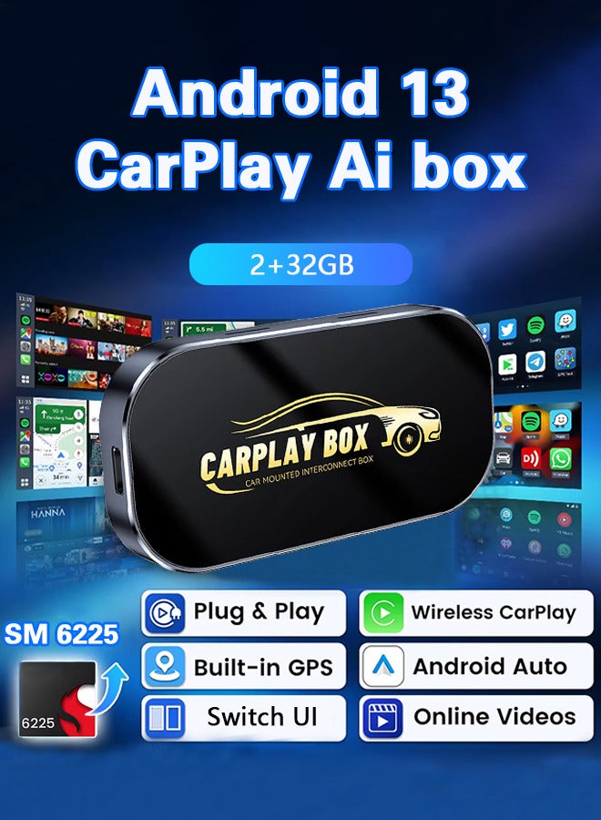 Generic 2025 Upgrade Wireless Carplay AI BOX Adapter with GPS, Android Auto Wireless Adapter, Support YouTube/TF Card/U Disk, 2+32GB Android 13.0 2+32GB 3 IN 1 Wireless Carplay AI Box for Wired to Wireless CarPlay Dongle,Plug and Play  - Image 1